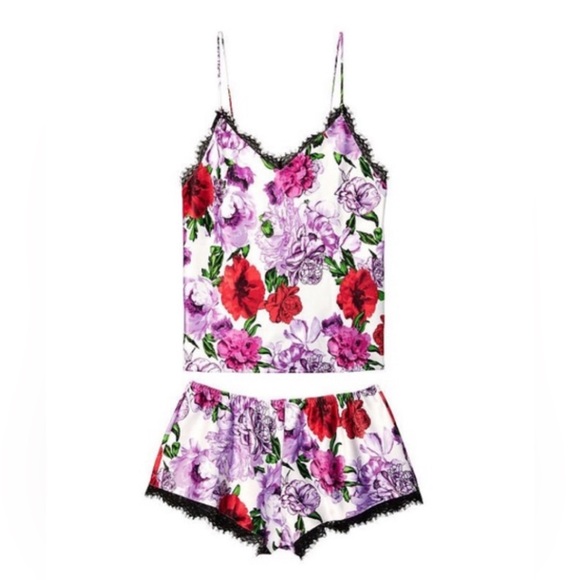 Victoria's Secret White Rose Floral Stretch Satin Lace Back Cami Set *NWT* - Picture 3 of 10